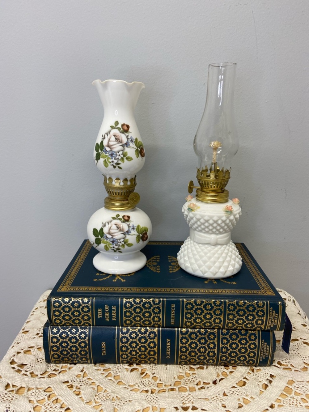 Pair of Vintage Mini Decorative Floral Oil Lamps